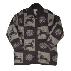 Vintage Jones New York Wool Zip-Up Sweater Large Brown Reindeer Holiday